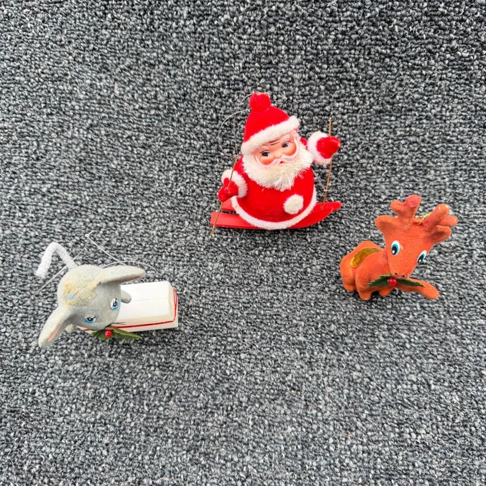 Vintage Flocked Christmas Ornaments Set Santa Skier Reindeer Mouse Mid‎ Century